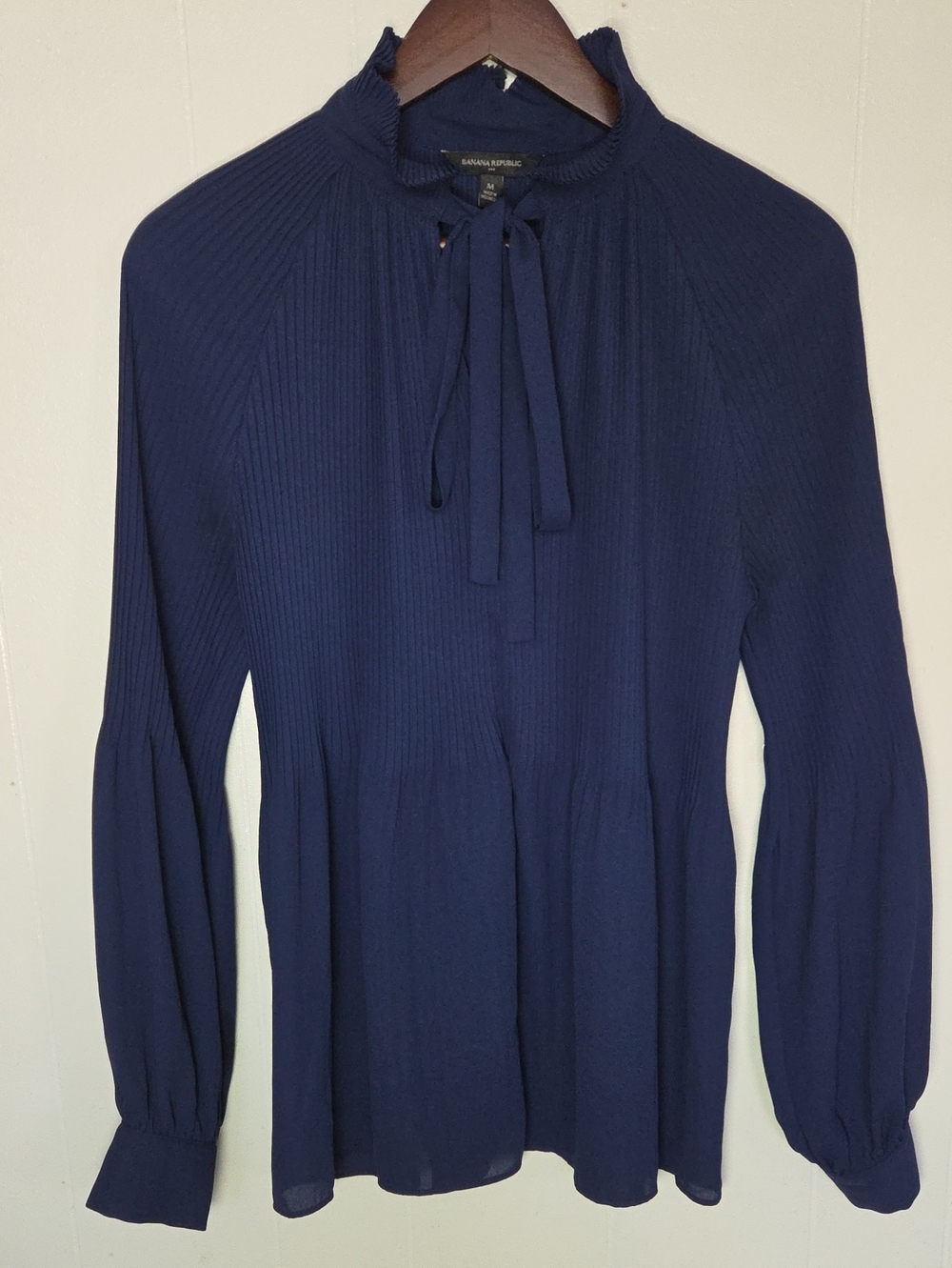 Banana Republic Navy Ribbed Tie-Neck Long Sleeve Blouse
